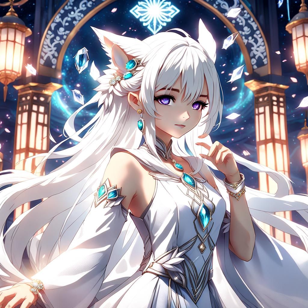 Anime Girl in White Dress with Jewels
