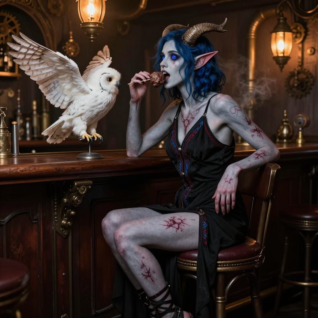 Gothic Steampunk Tiefling Feeding Owl in Tavern