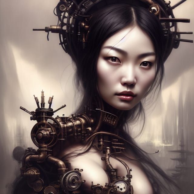 Steampunk Woman and Bone Machine in Oil Painting Style