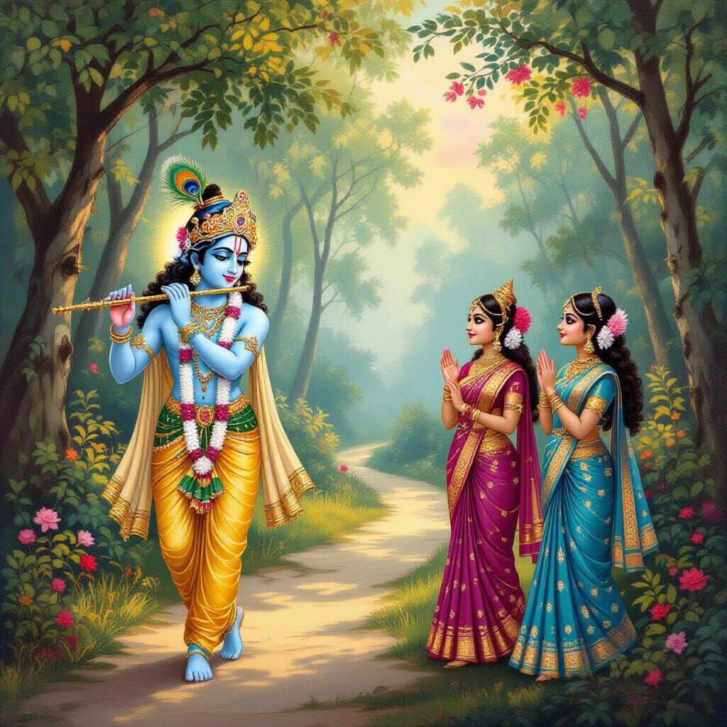 Krishna Plays Flute for Radha in Indian Miniature Style