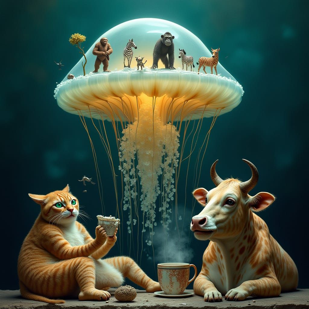 Surreal Jellyfish with Zoo Animals in Durer Style