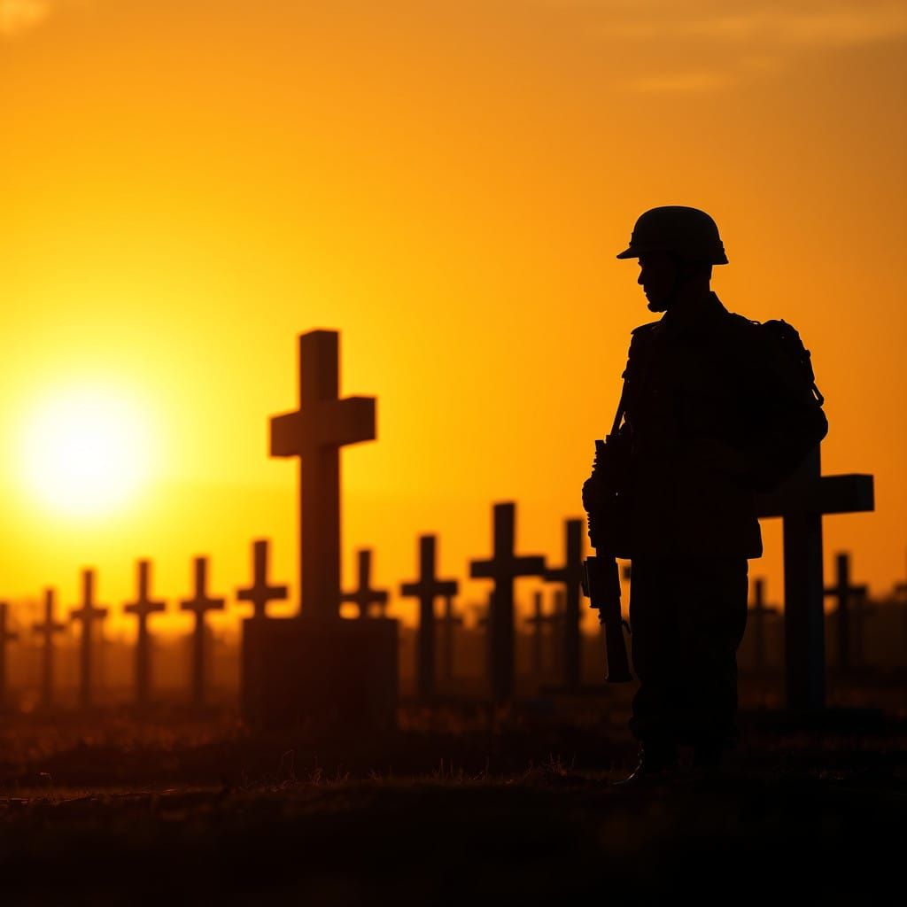 Sacrificial Soldier Honors Fallen Comrades at Sunset