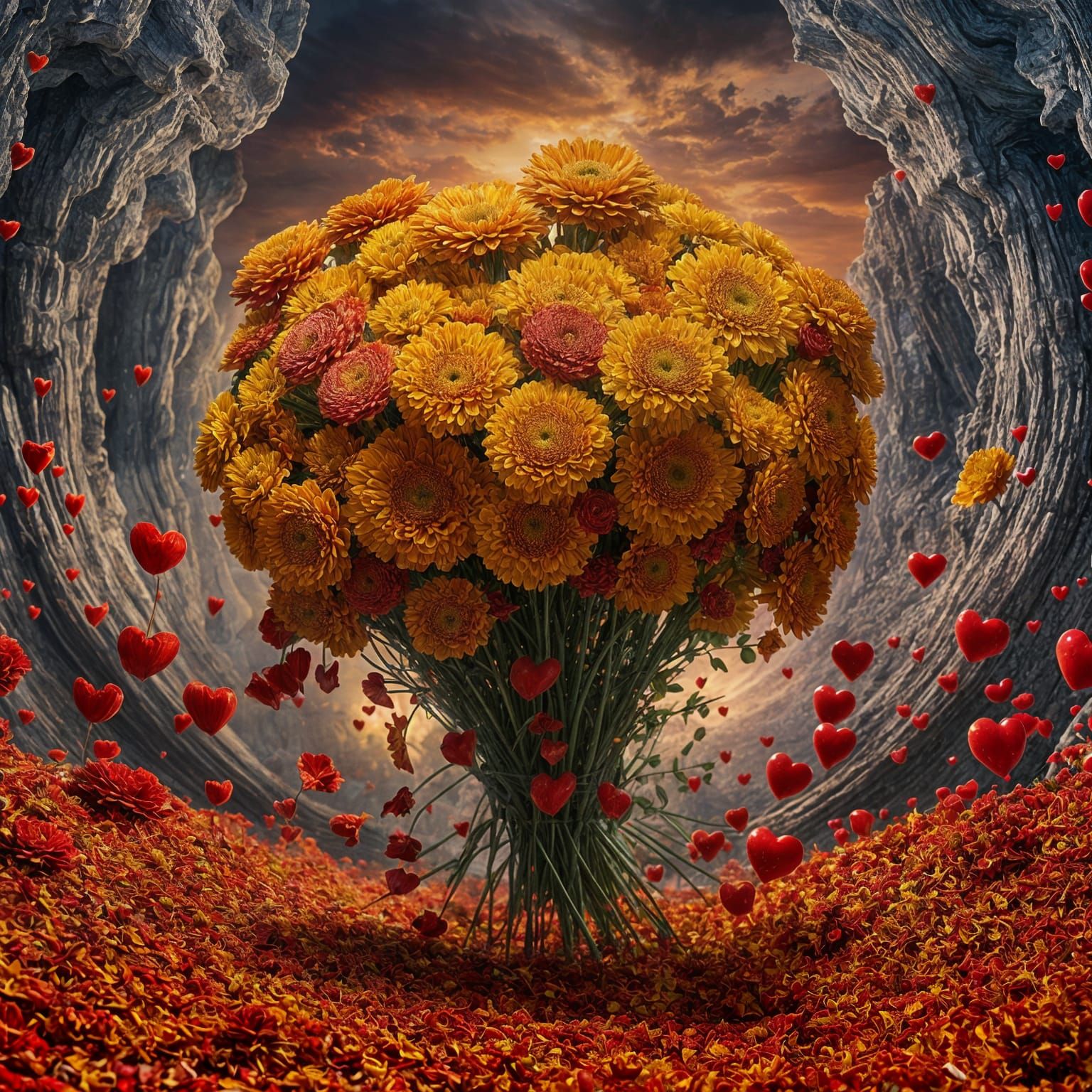 Marigold Bouquet Floating in Dreamlike Cityscape