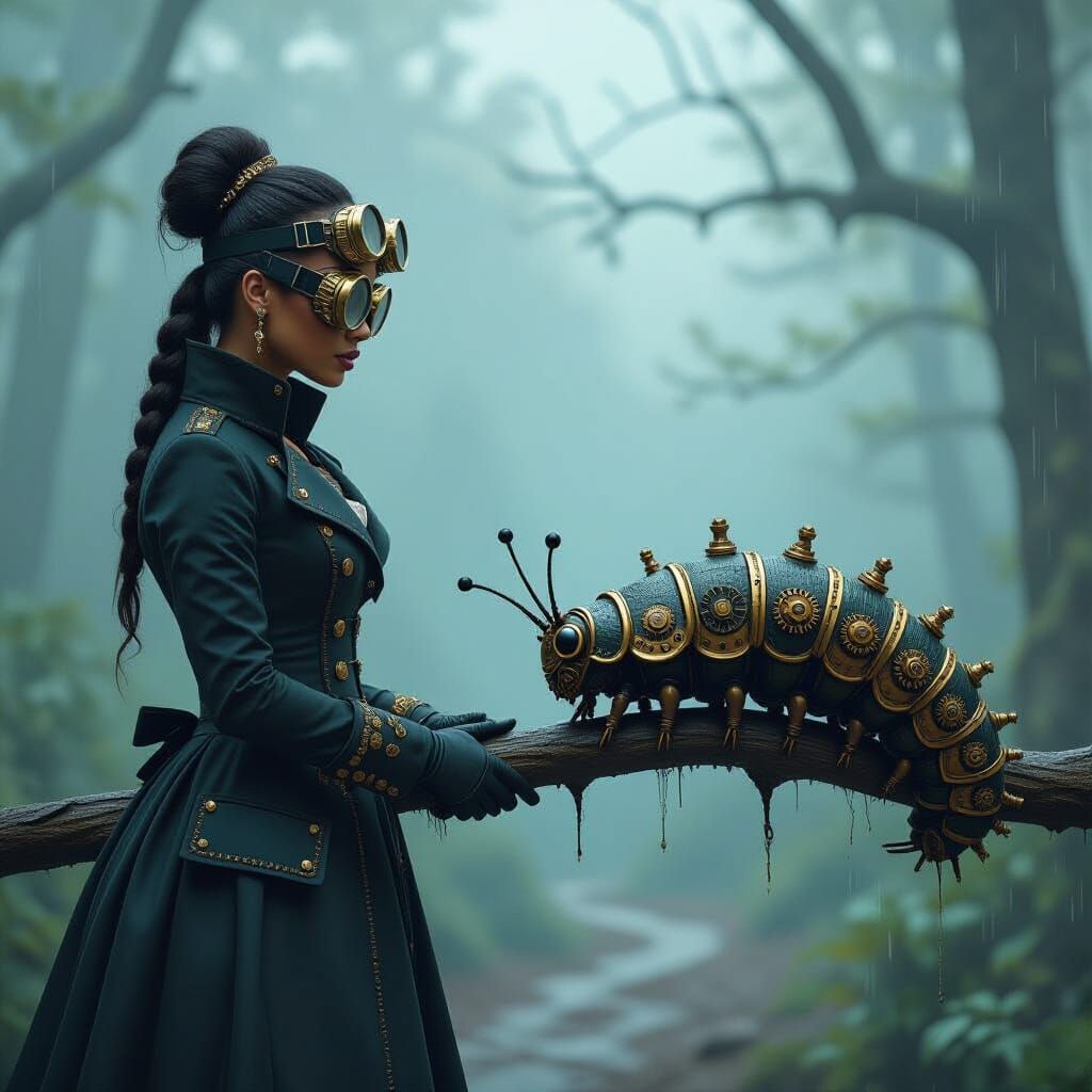Rihanna and Steampunk Caterpillar in Misty Forest