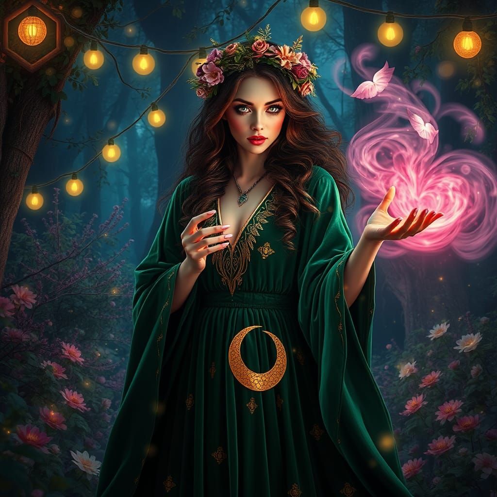 Mystical Witch Casting a Love Spell in Forest