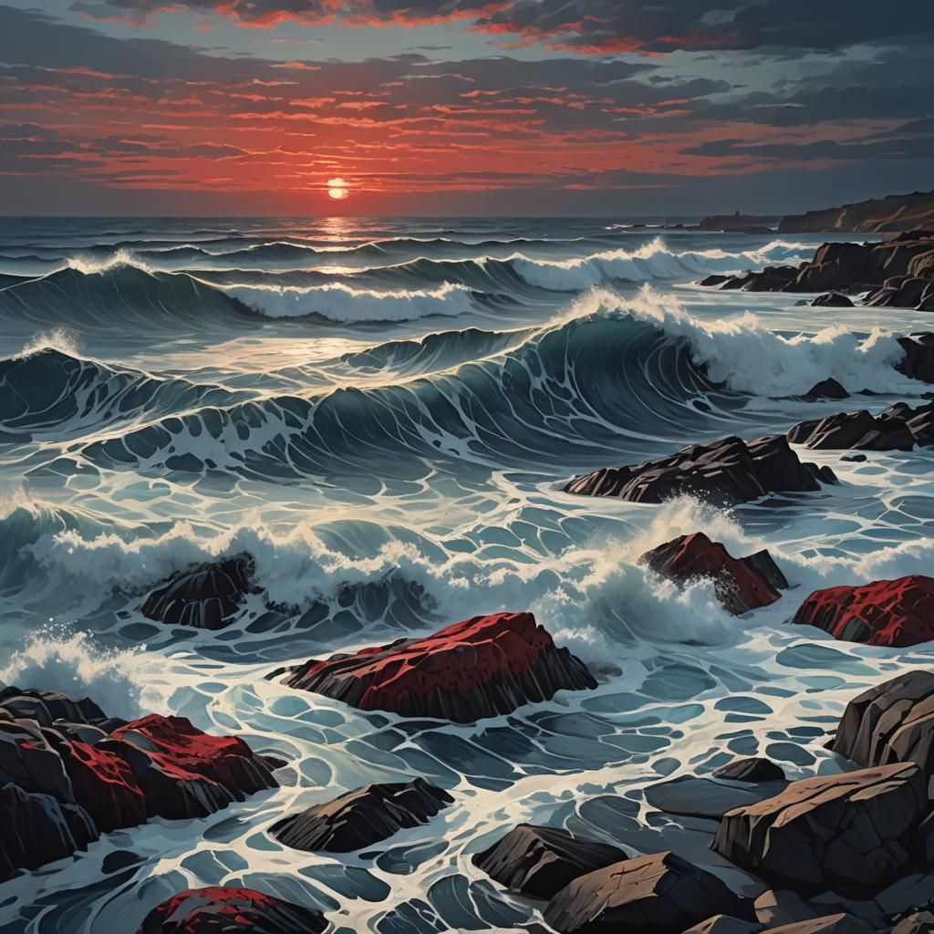 Monochrome Blue Ocean Waves Serene Landscape