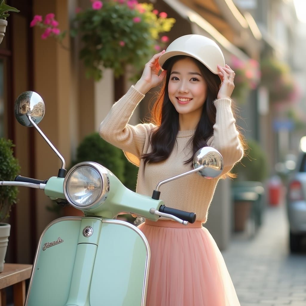 Asian Woman in Pastel Tones with Scooter