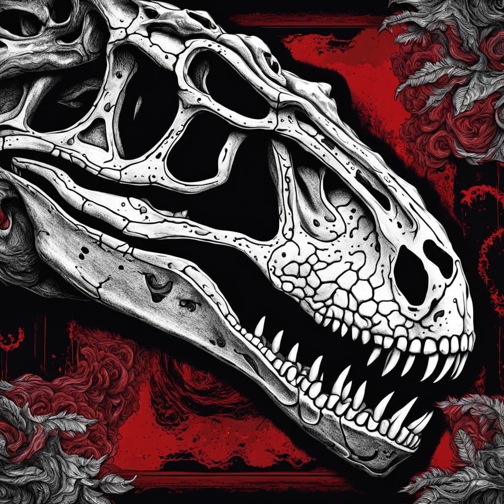 Monochrome T-Rex Skull with Red Accents