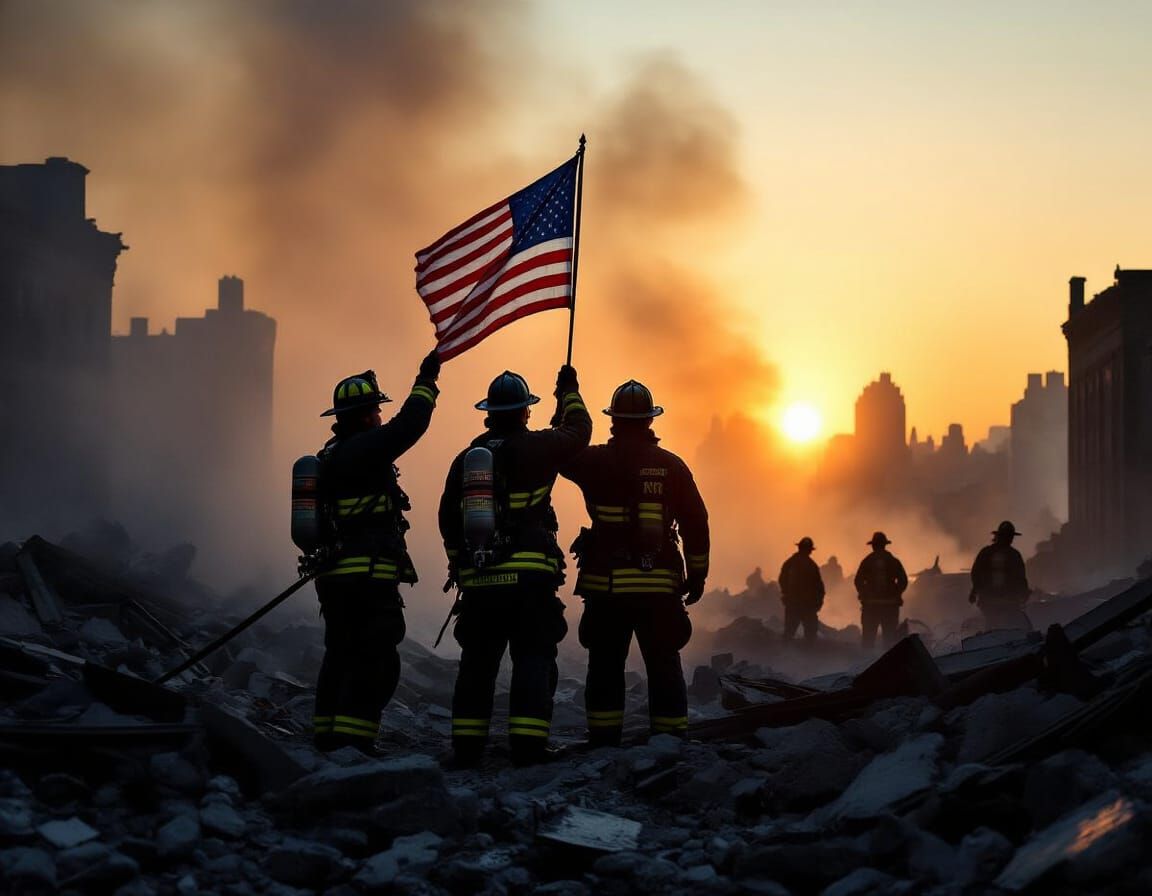 NYC Dawn: Firefighters Raise Flag Amidst Rubble