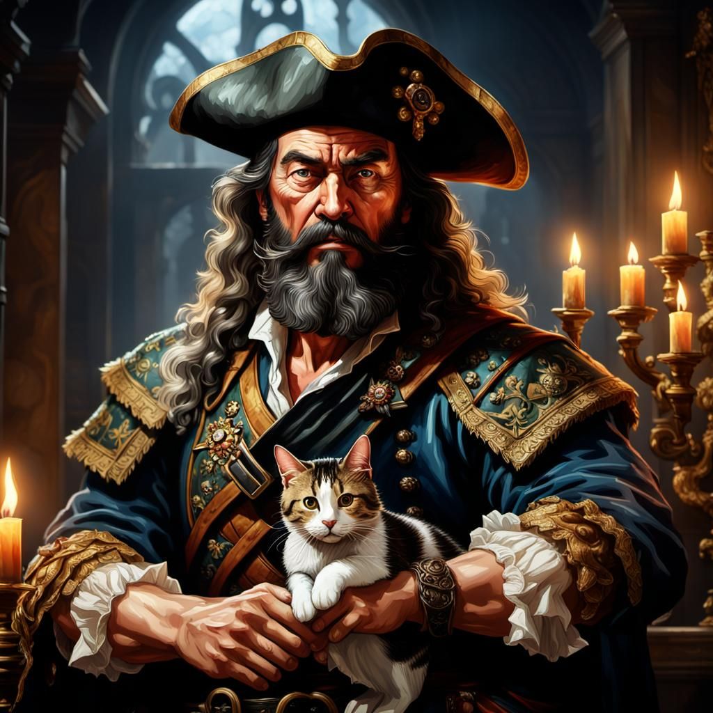 Blackbeard Holding a Cat: Baroque Oil Painting