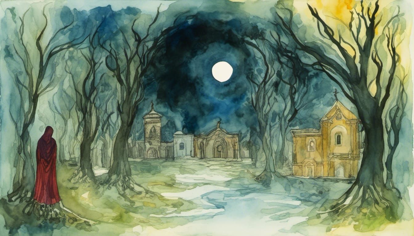 Mystical Figure Before Moonlit Monastery