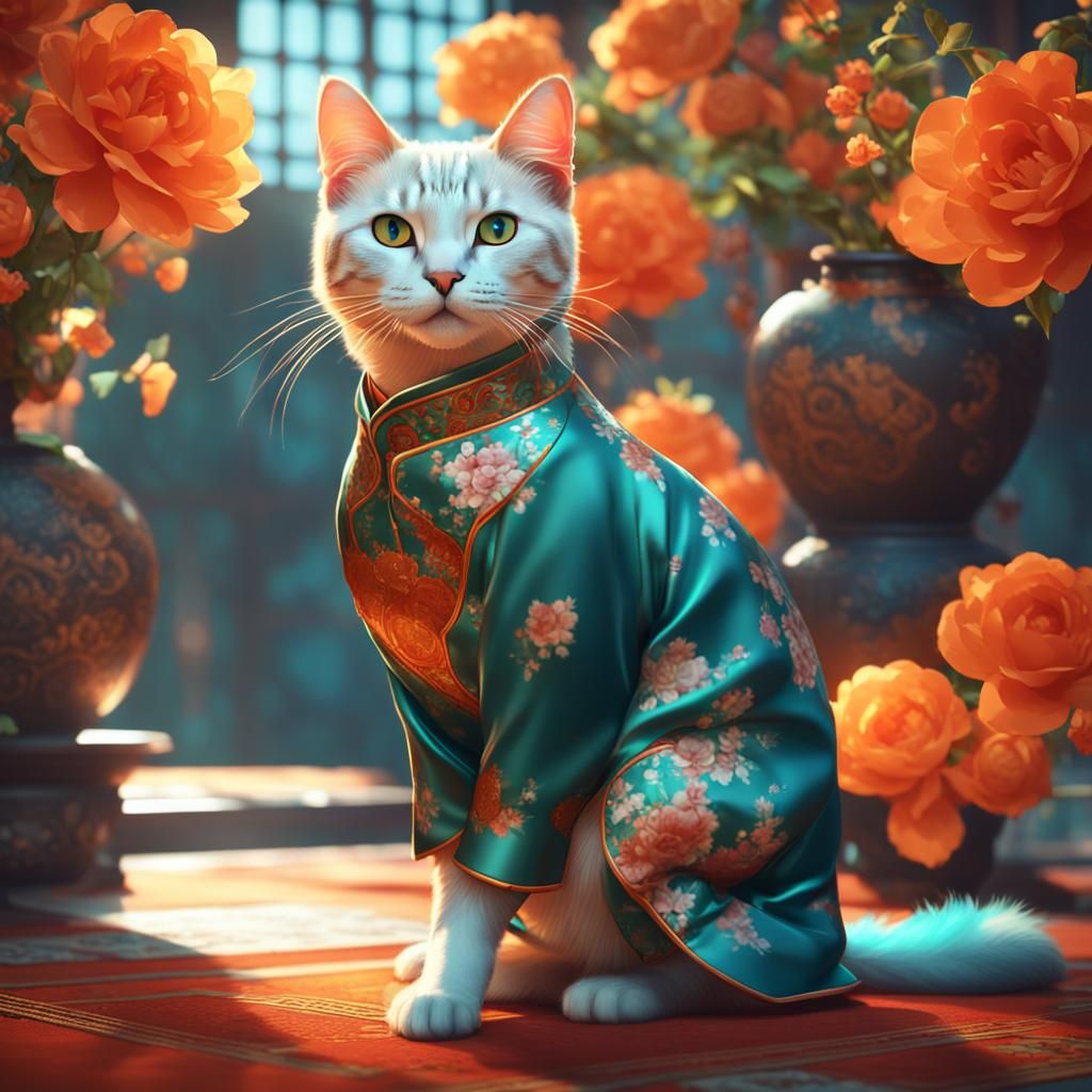 Cat in Cheongsam Surrounded by Flowers