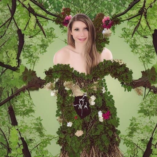 Woman in Floral Vine Dress in Dark Forest