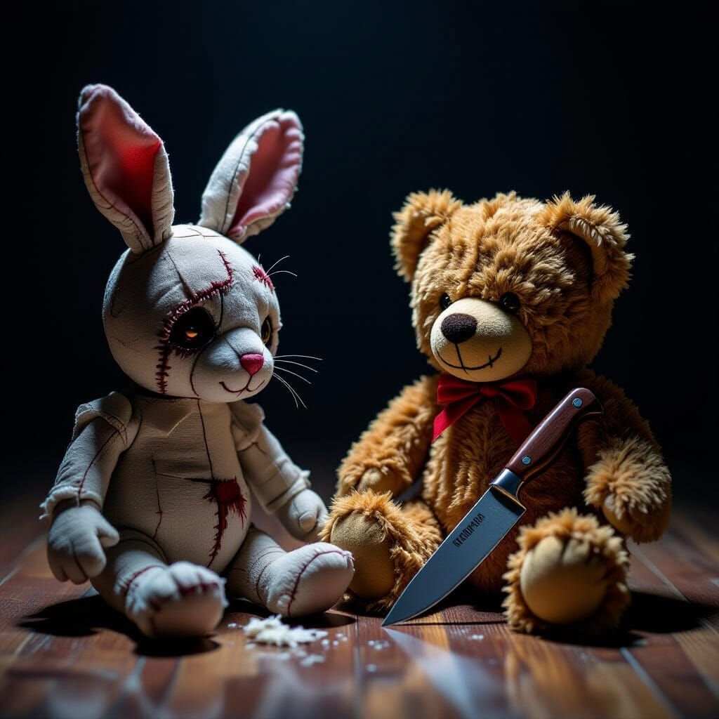 Sinister Stuffed Animals in Dimly Lit Room