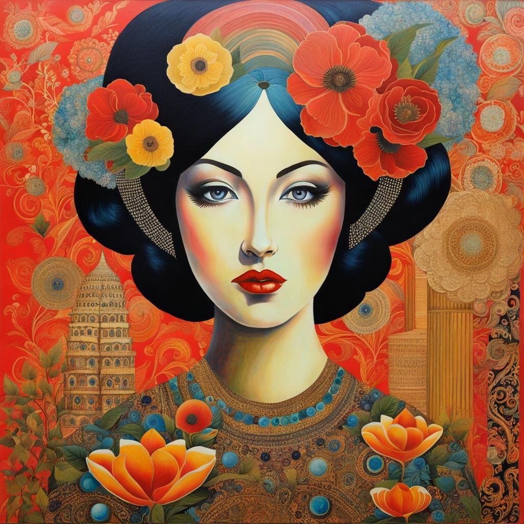 Surreal Woman Portrait in Khokhloma Collage