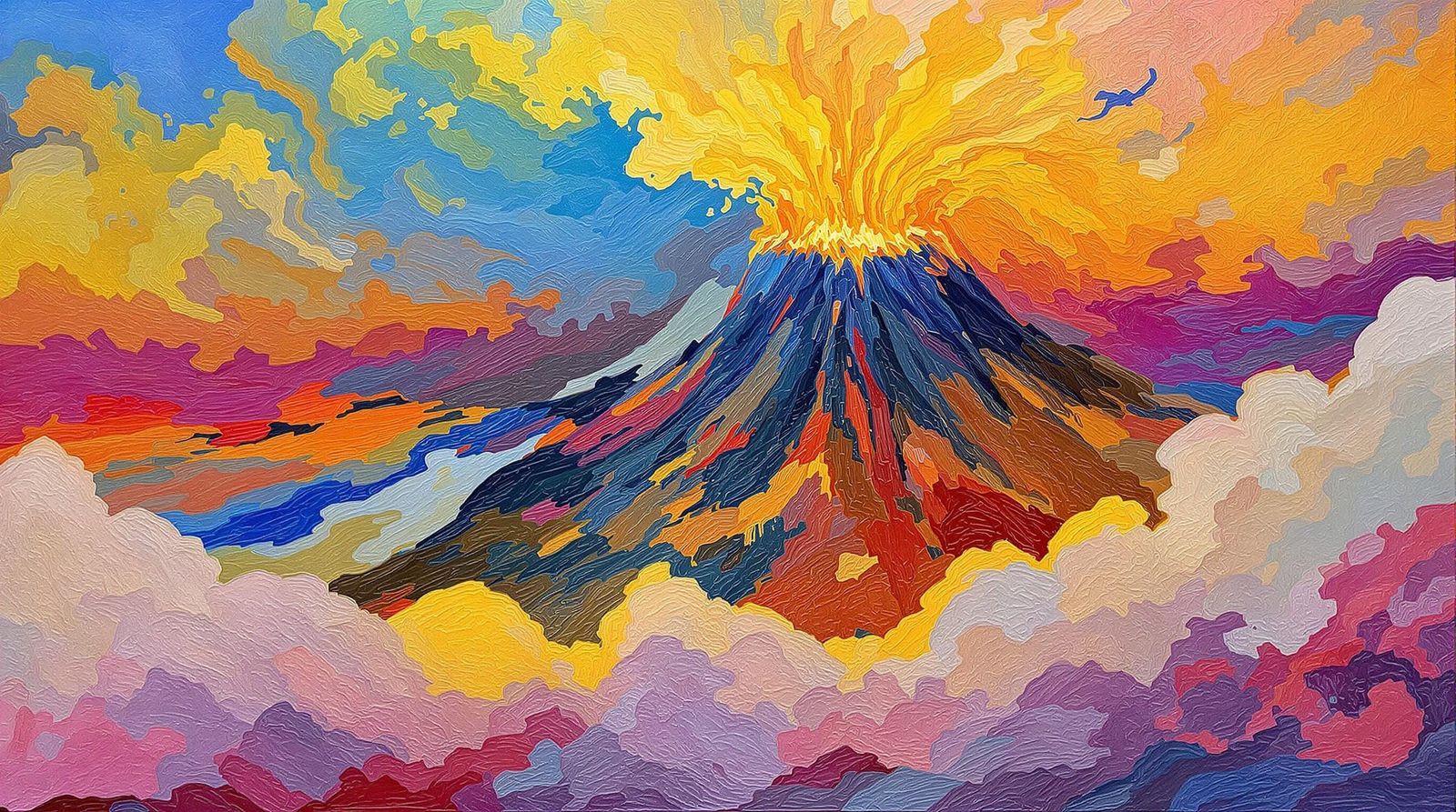 Vibrant Neo-Expressionist Volcano Landscape