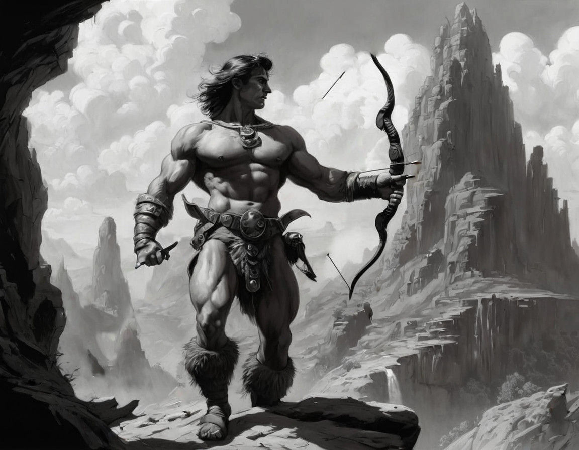 Realistic Greyscale Scene by Frazetta