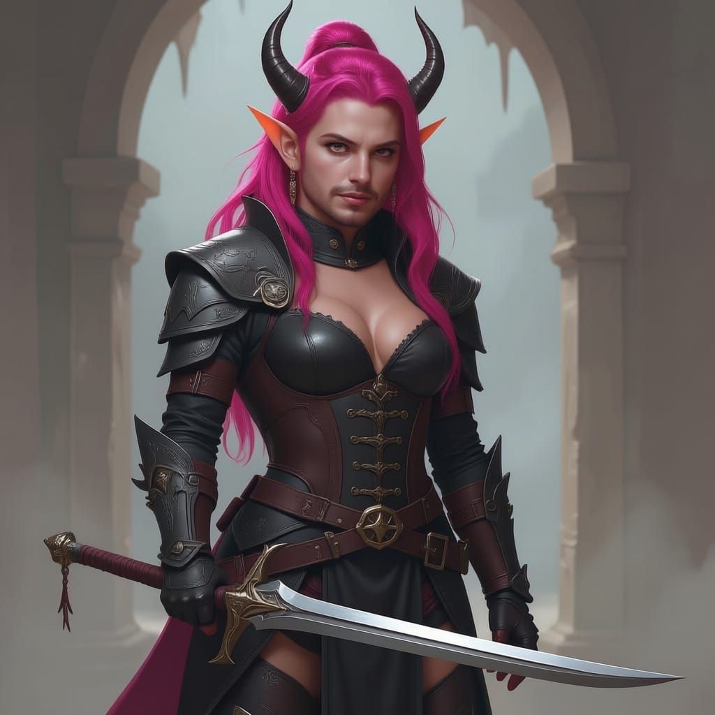Red Tiefling Warrior with Pink Hair and Sword