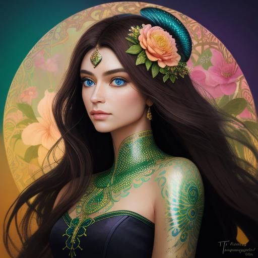 Dragon-Peacock Woman in Ethereal Oil Painting Style