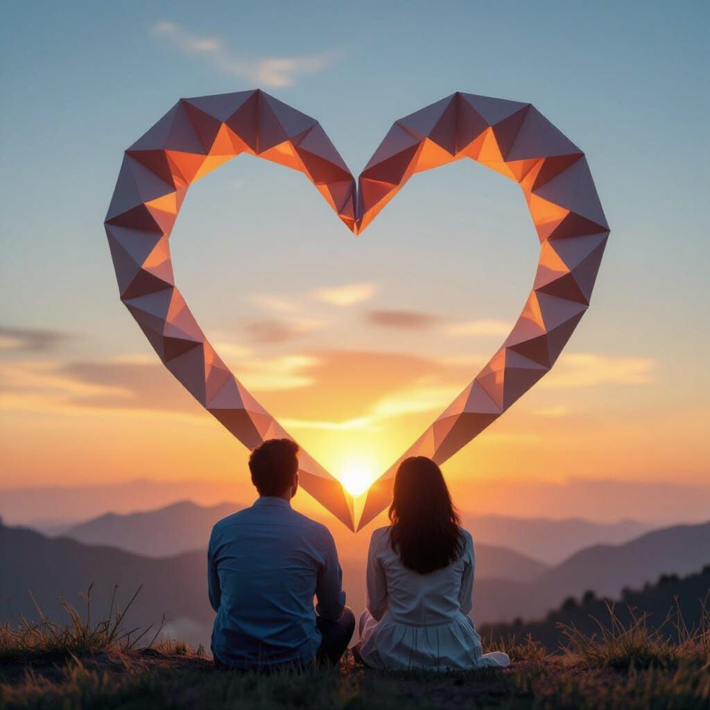 Couple Watches Heart Sun Sunset in Origami Style