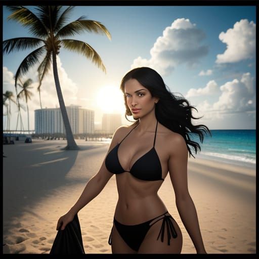 Hyper-Realistic Miami Beach Goddess in a Black Bikini