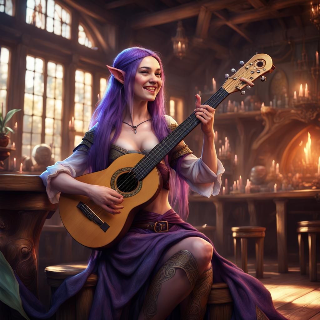 Smiling Half-Elven Bard in a Lively Tavern