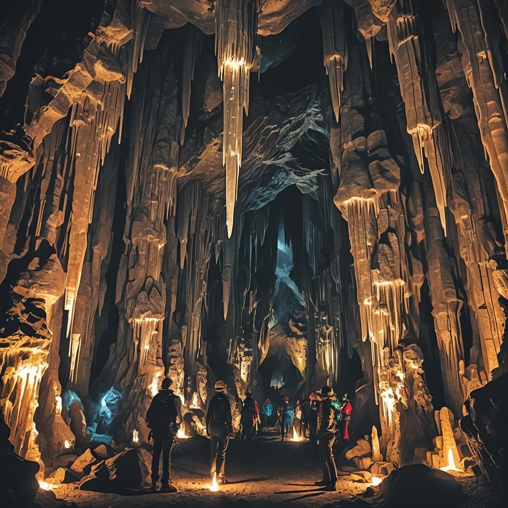 Glittering Stalagmites in a Torch-Lit Cave