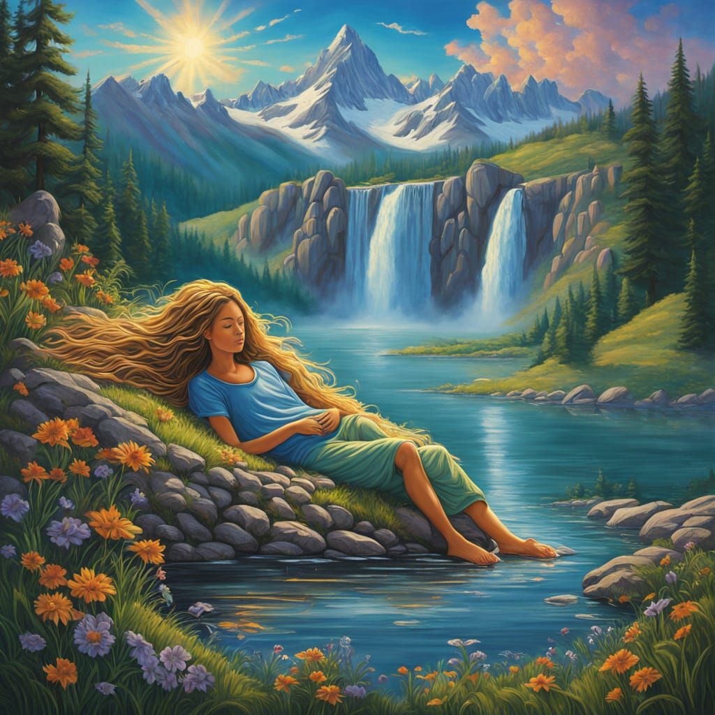 Dreamlike Waterfall Hair in Fantastical Landscape