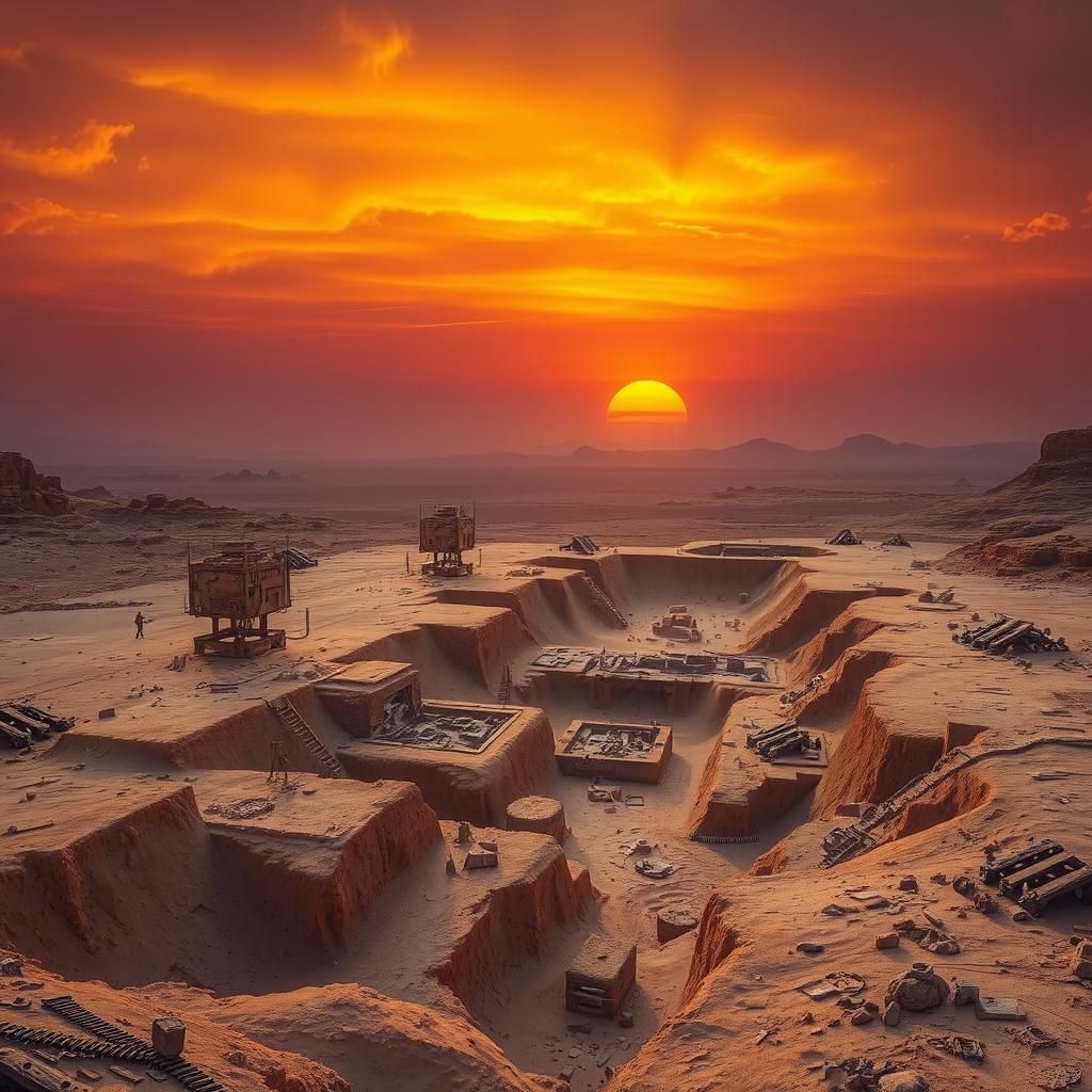 Archaeological Dig Site at Sunset in Cinematic Style