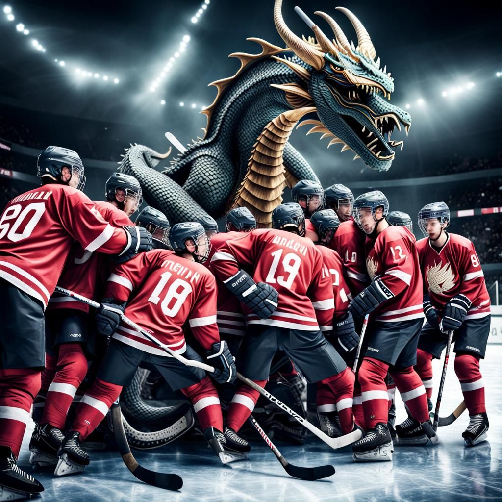 Hyperrealistic Dragon Hockey Team in Cinematic Style