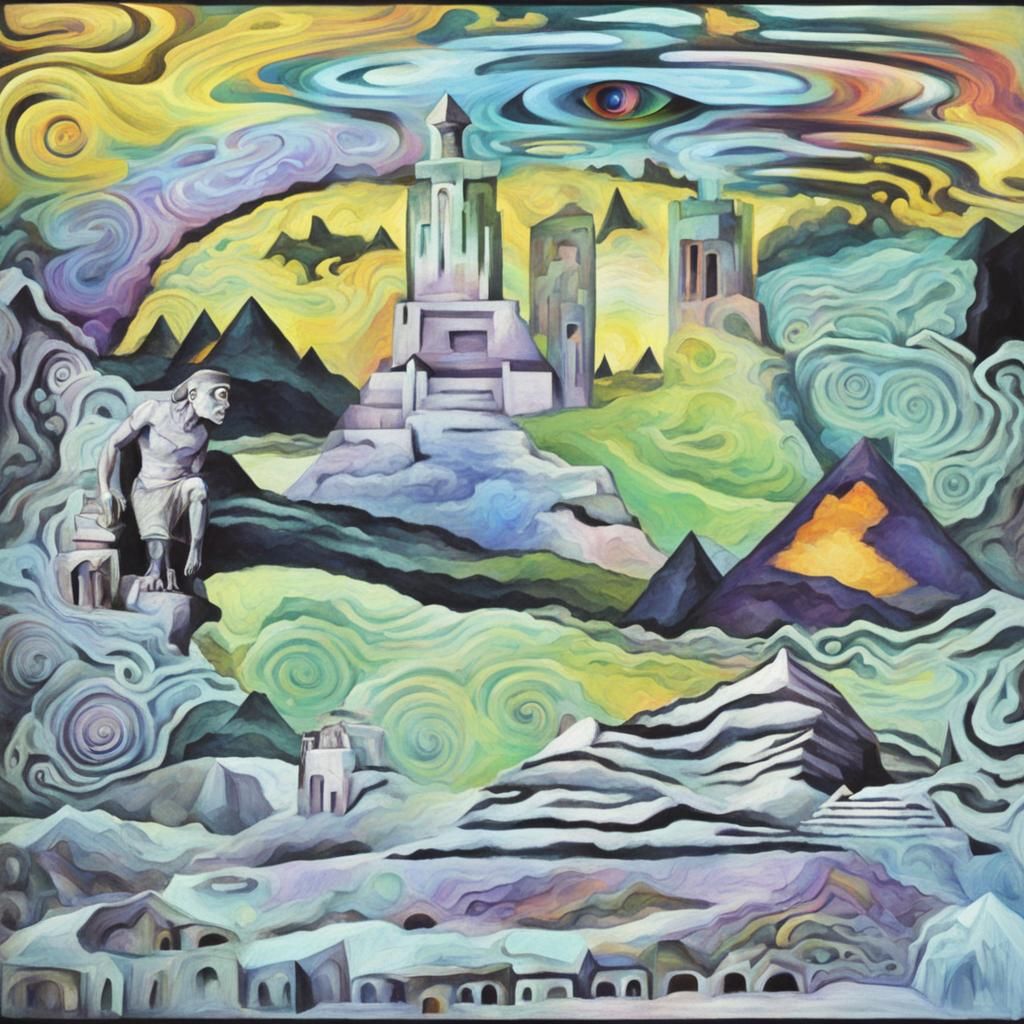 Psychedelic Inca Dreamscape with UFOs and Pyramids