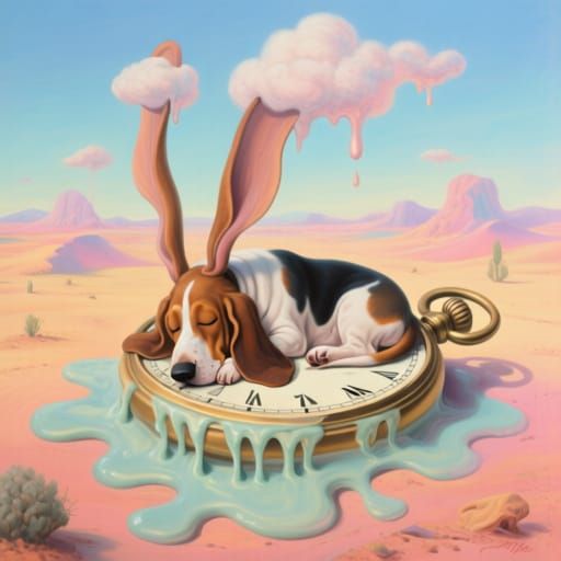 Surreal Basset Hound Sleeps on Melting Watch in Dreamlike De...