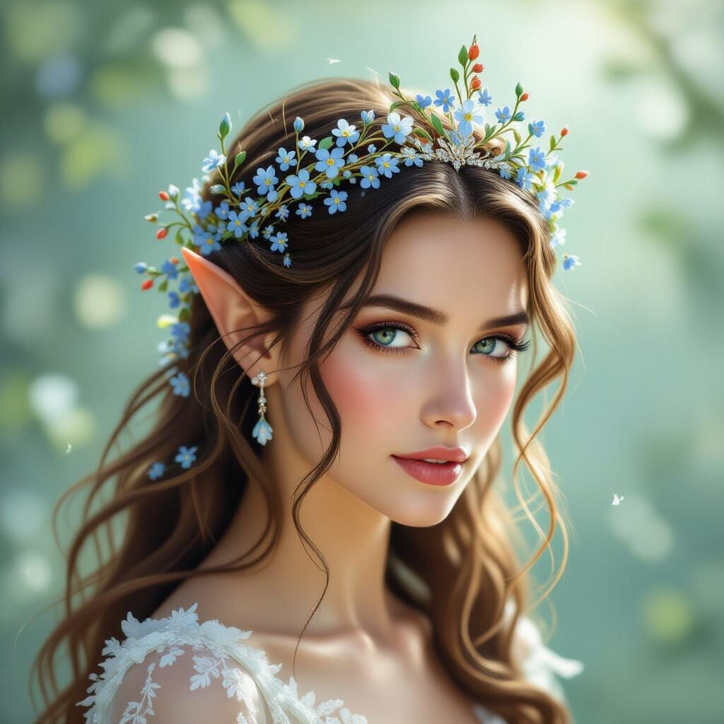 Elven Queen Wearing Branch and Forget-Me-Not Tiara