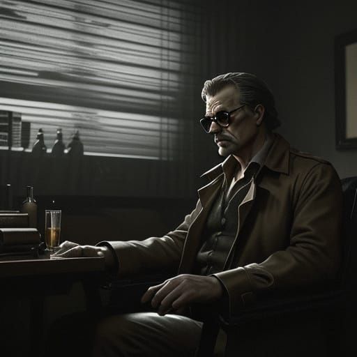 Film Noir Detective in Smoky Reclined Office