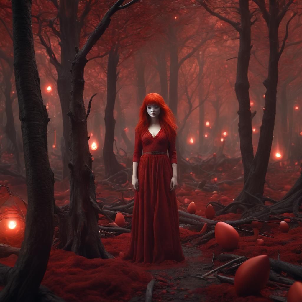 Mystical Red Dreamscape in Surreal Digital Art
