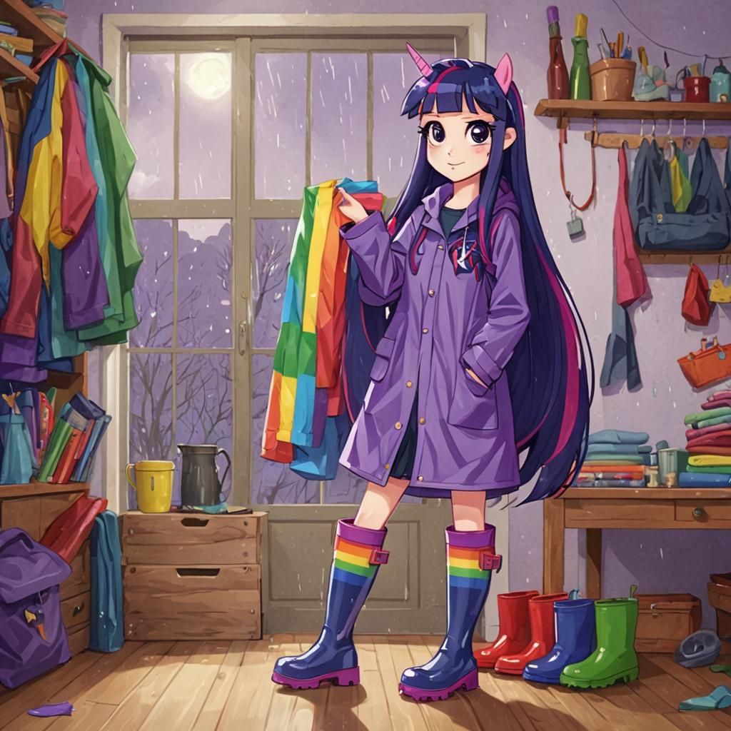 Girl with Purple Hair Tries on Rainbow Boots