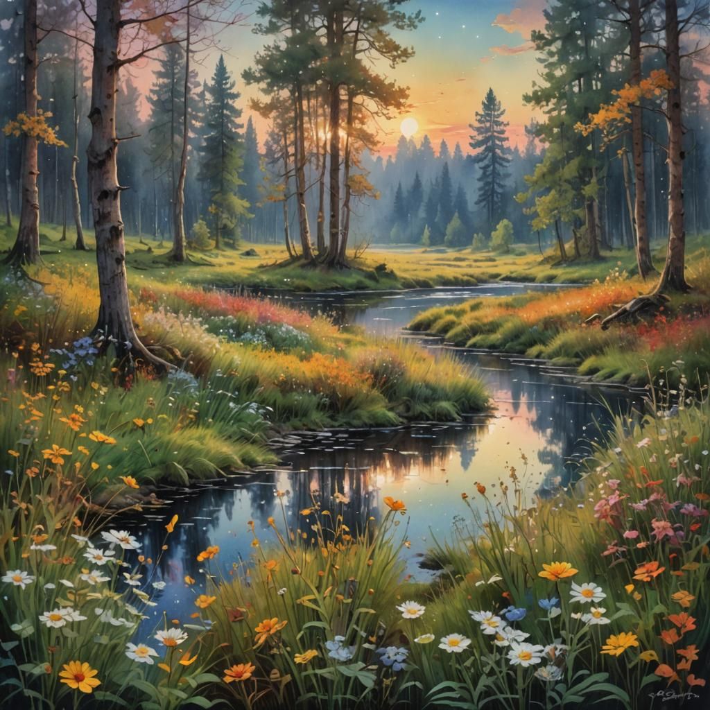 Blooming Meadow at Dawn: Watercolor Fantasy