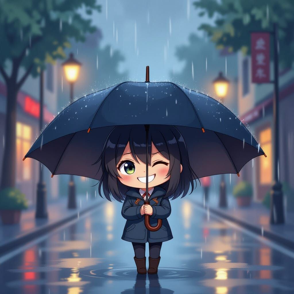 Anime Chibi Umbrella Grins on Rainy Street