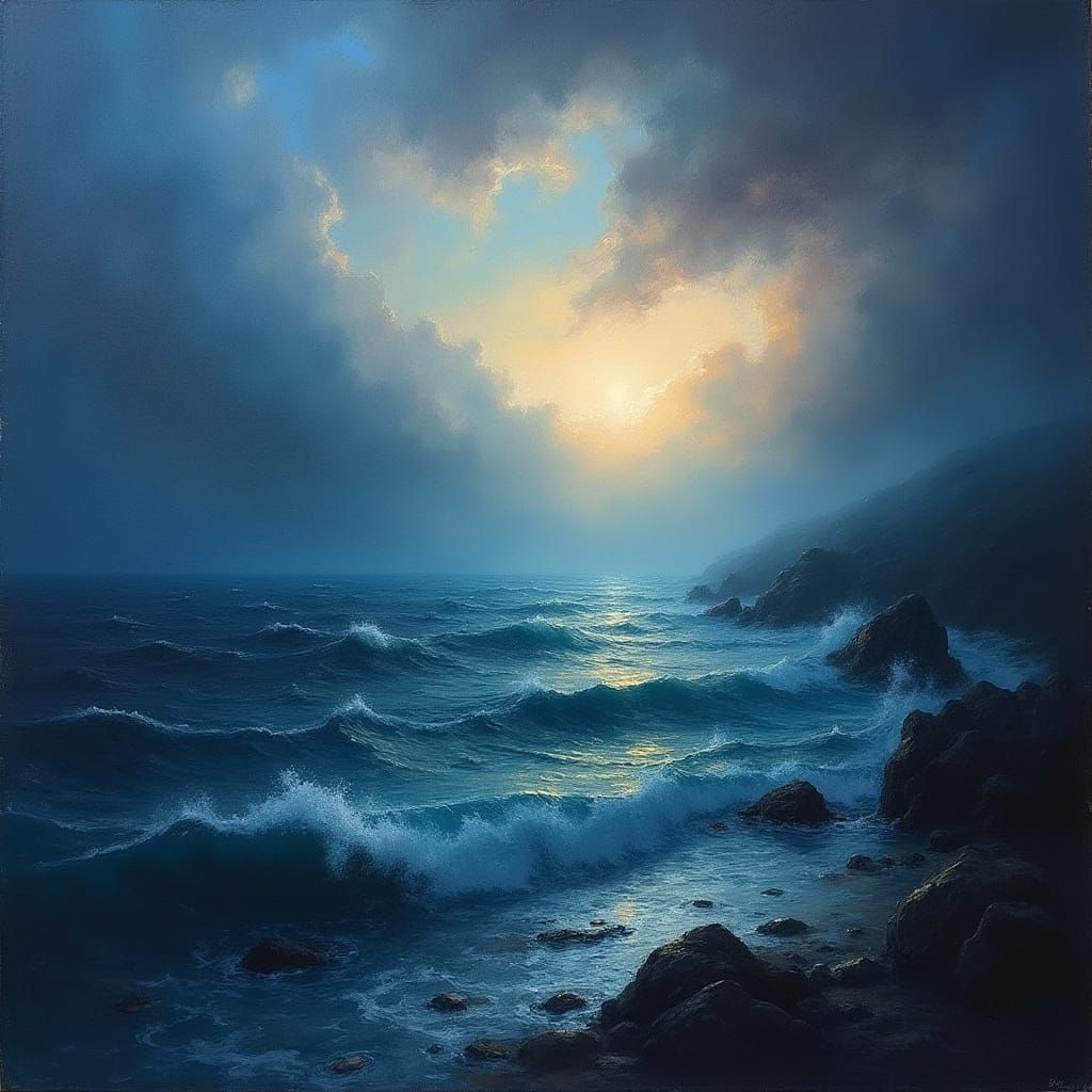 Mysterious Sea Under Twilight Sky in Romantic Style