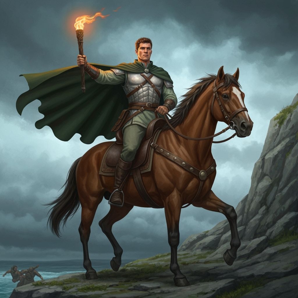 Heroic Horseman on Cliffside with Torch