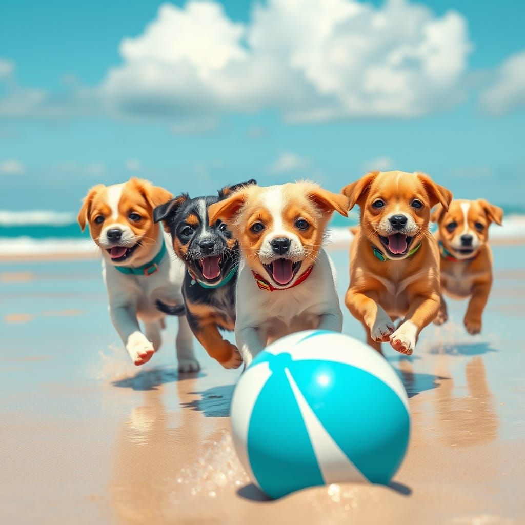 Realistic Puppies Chasing Beach Ball on Sunny Beach in Photo...