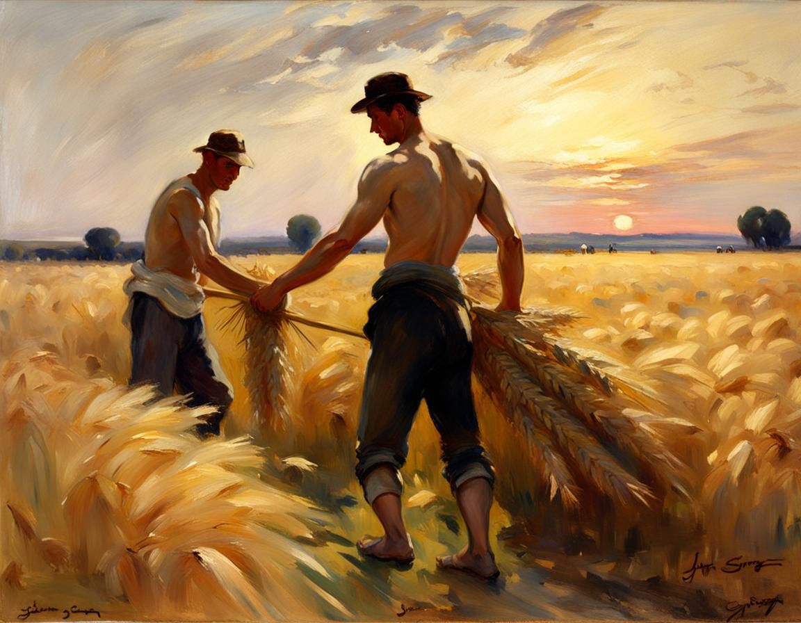 Masculine Men Harvesting Wheat: An Oil Painting