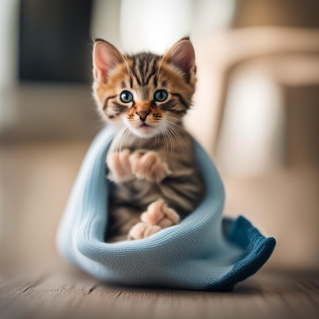 Cute Kitten Comfortably Curled Up Inside a Sock