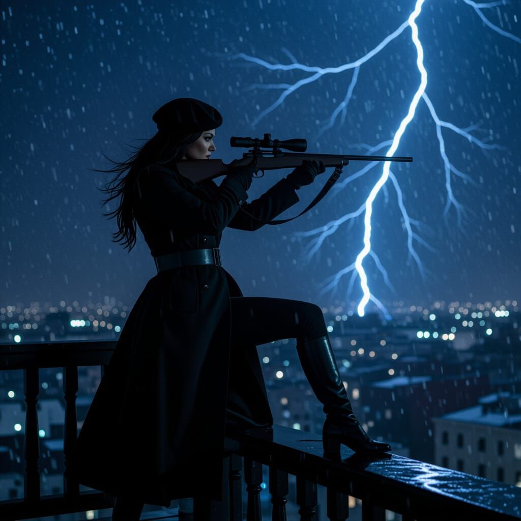 Female Sniper Aiming Rifle on Starry Rooftop at Night
