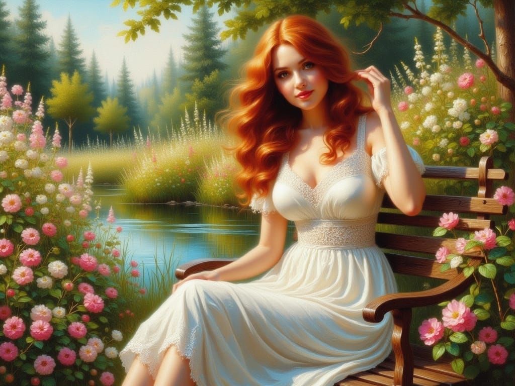 Sensual Woman in Garden Oasis, Pre-1912 Oil Painting Style