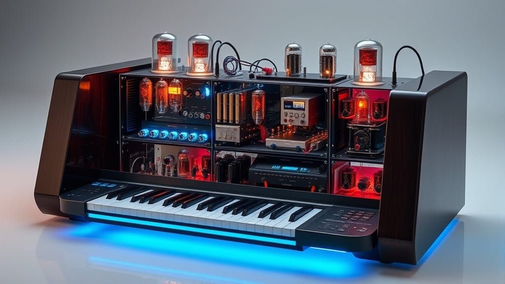 Retro-Futuristic Analog Synthesizer in Dark, Glassy Minimali...