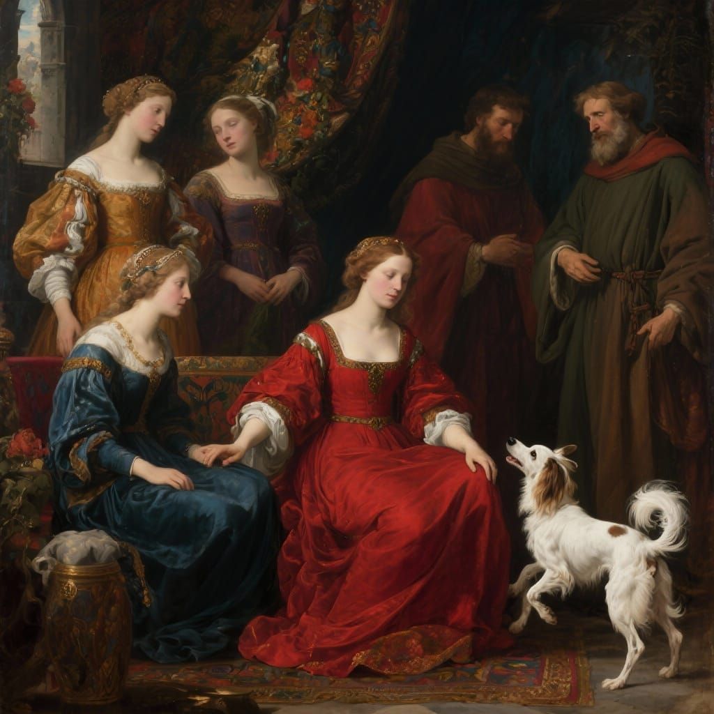 Medieval Gathering with Papillon Dogs in Dramatic Light