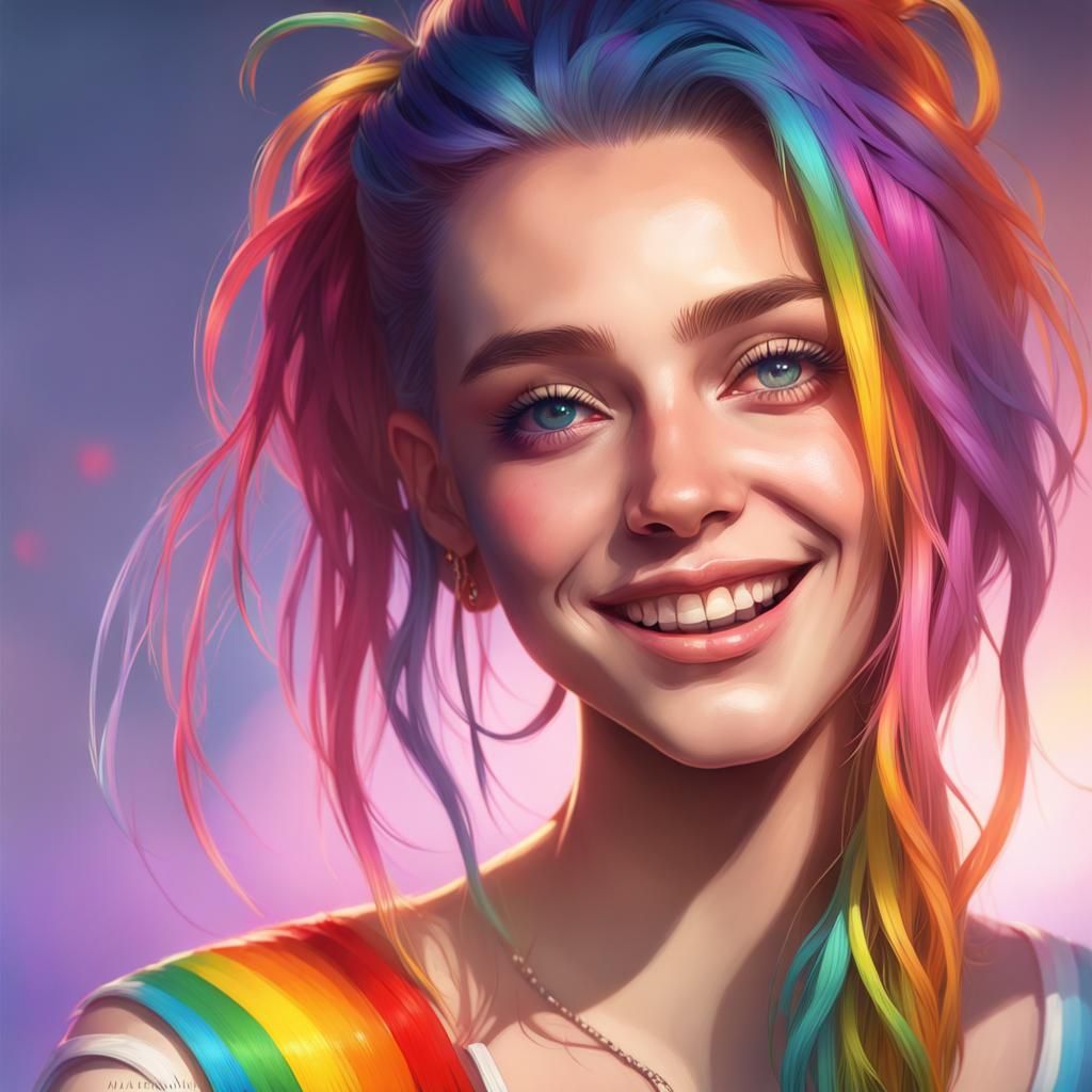 Rainbow Portrait of Smiling Girl, Digital Art