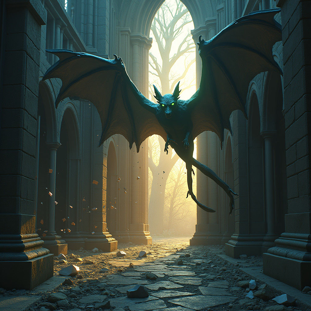 Gargoyle Destroys Gothic Church Roof in Fantasy Style