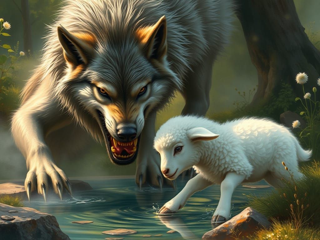 Ferocious Wolf Attacks Lamb by Crystal Spring in Ethereal Fa...